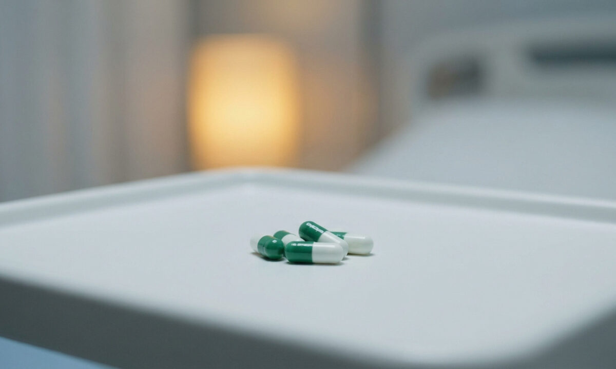 Plusieurs gélules bicolores blanches et vertes posées sur un plateau blanc dans une chambre médicalisée.