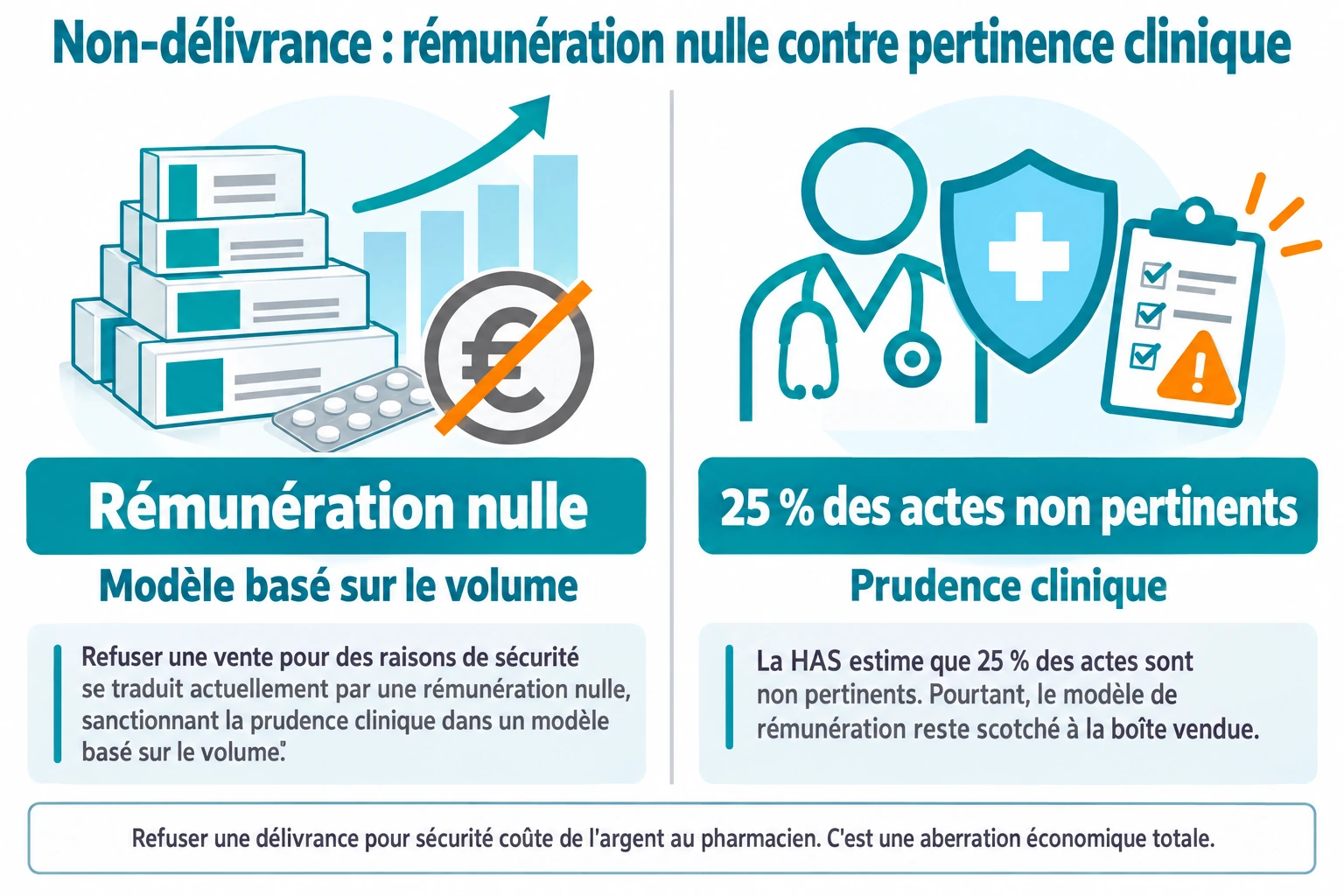 Comparaison binaire entre le modèle actuel indexé sur le volume (rémunération nulle en cas de refus) et l'enjeu de pertinence estimé à 25 % des actes par la HAS.