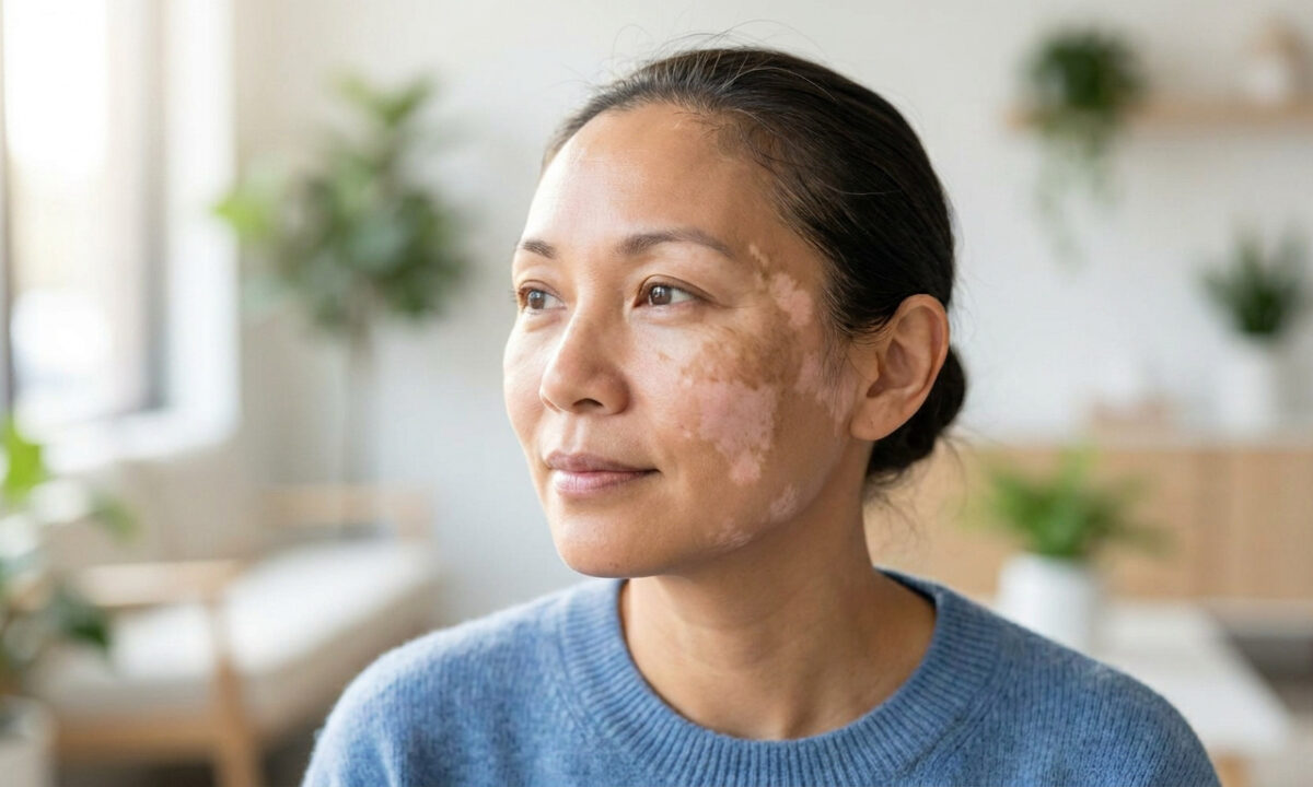 Portrait d'une femme d'origine asiatique portant un pull bleu, montrant une dépigmentation du visage liée au vitiligo.