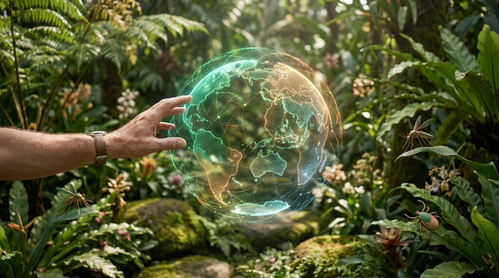 Une main tendue vers un globe numérique holographique au cœur d'une forêt tropicale, entouré d'un moustique et d'une tique.