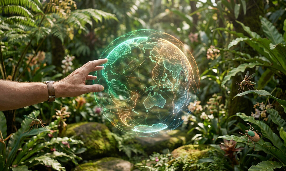Une main tendue vers un globe numérique holographique au cœur d'une forêt tropicale, entouré d'un moustique et d'une tique.