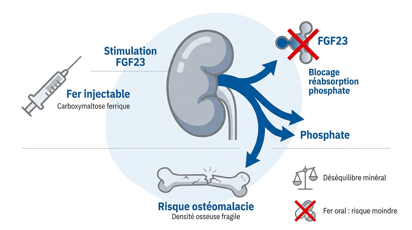 Représentation médicale des risques d'hypophosphatémie et de fragilité osseuse liés aux injections de fer