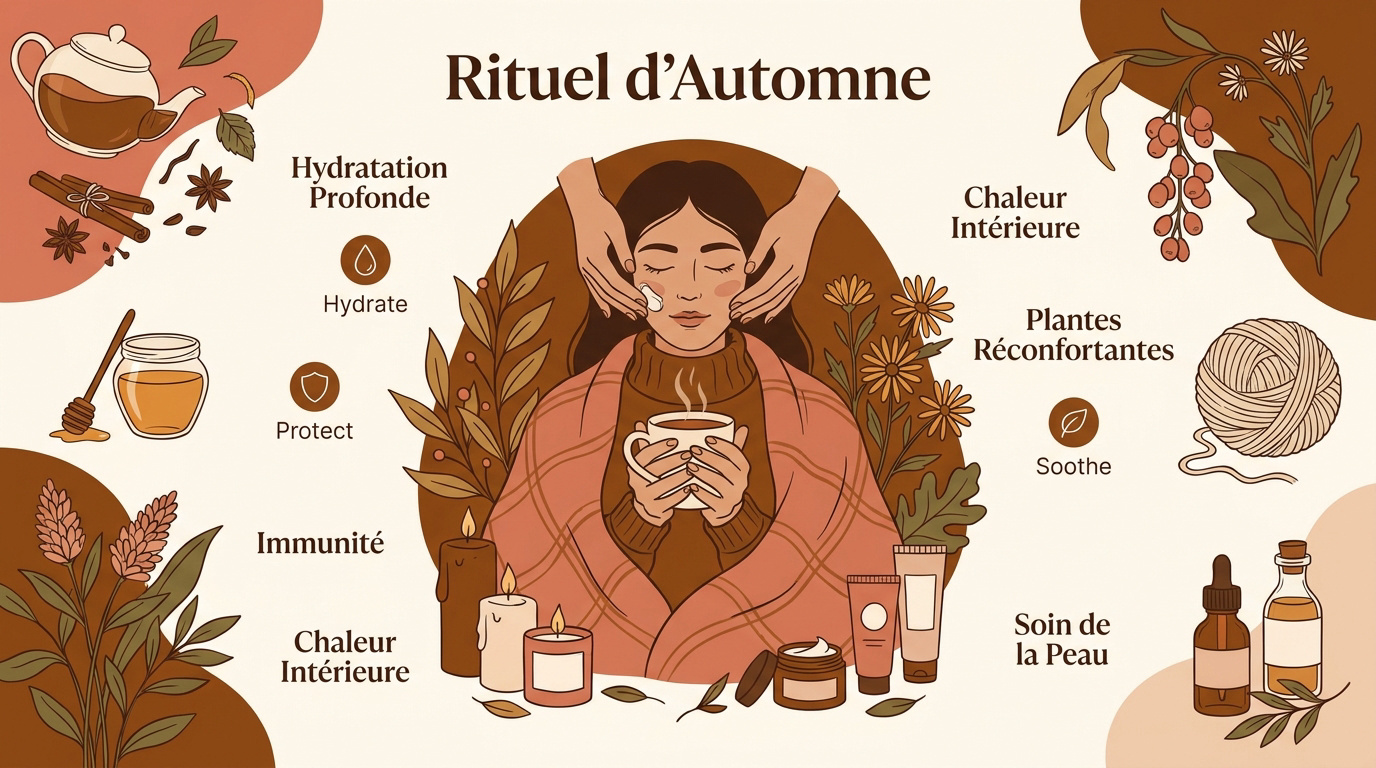 Rituel de soins automnaux avec produits hydratants et naturels pour zones sensibles