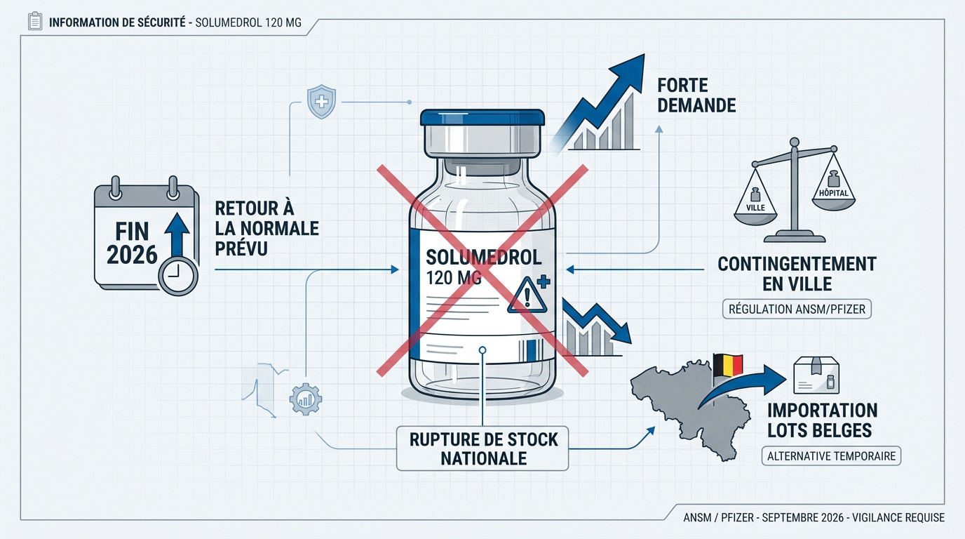 Infographie sur la rupture de Solumedrol 120mg et la solution d'importation belge