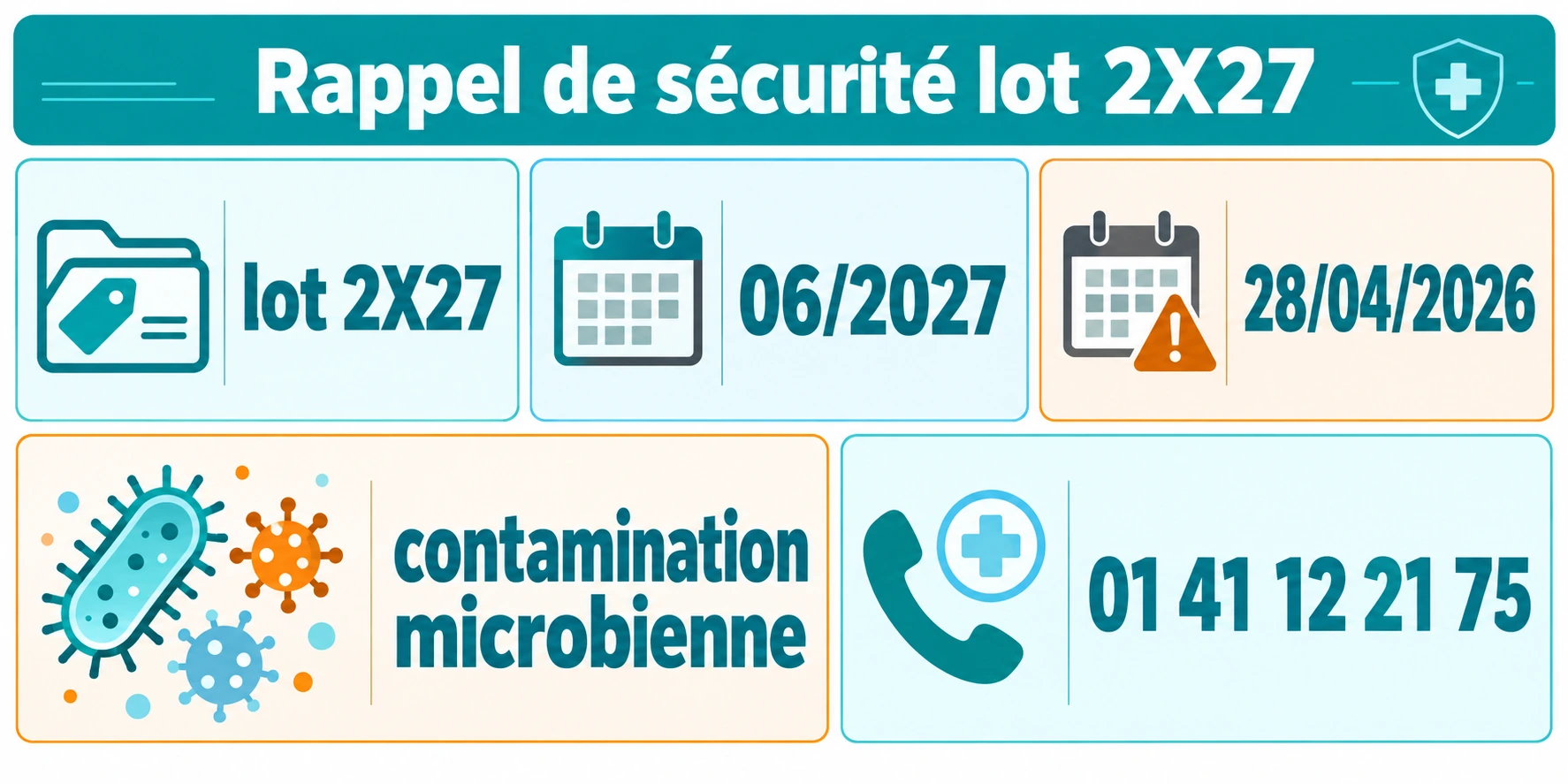 Modules d'information sur le rappel du lot 2X27 d'Atropine 1% Faure avec péremption 06/2027, rappel au 28/04/2026, risque de contamination microbienne et contact 01 41 12 21 75.
