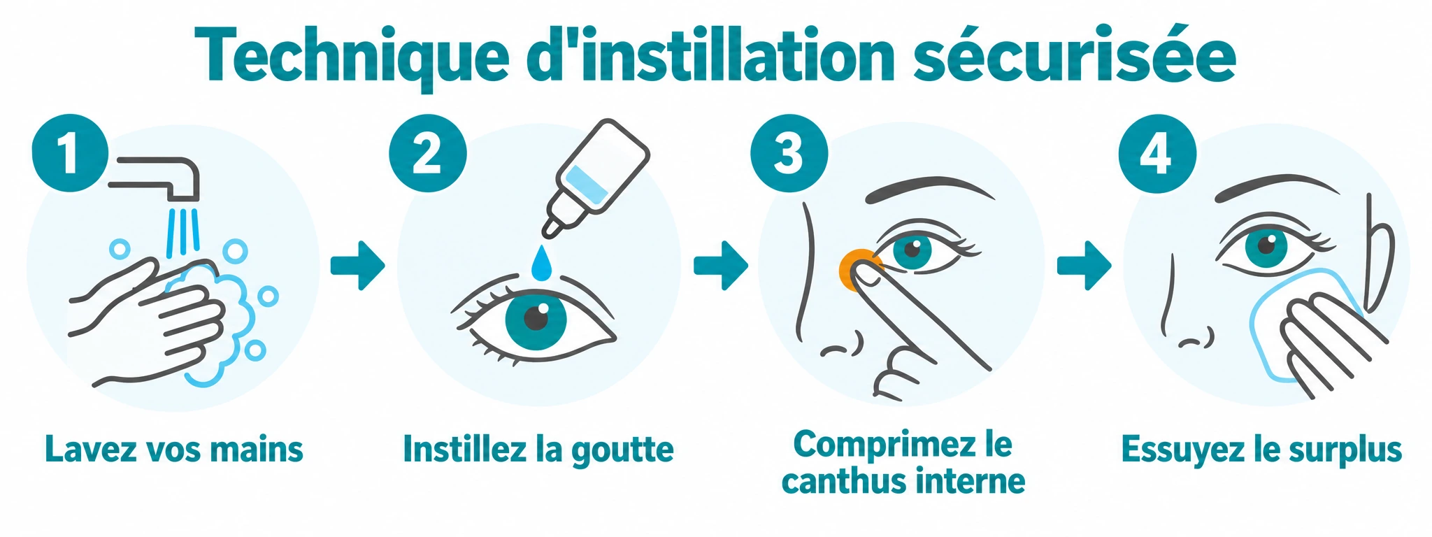 Séquence visuelle des étapes d'instillation : lavage des mains, instillation de la goutte, compression du canthus interne pendant deux minutes et essuyage de l'excédent.
