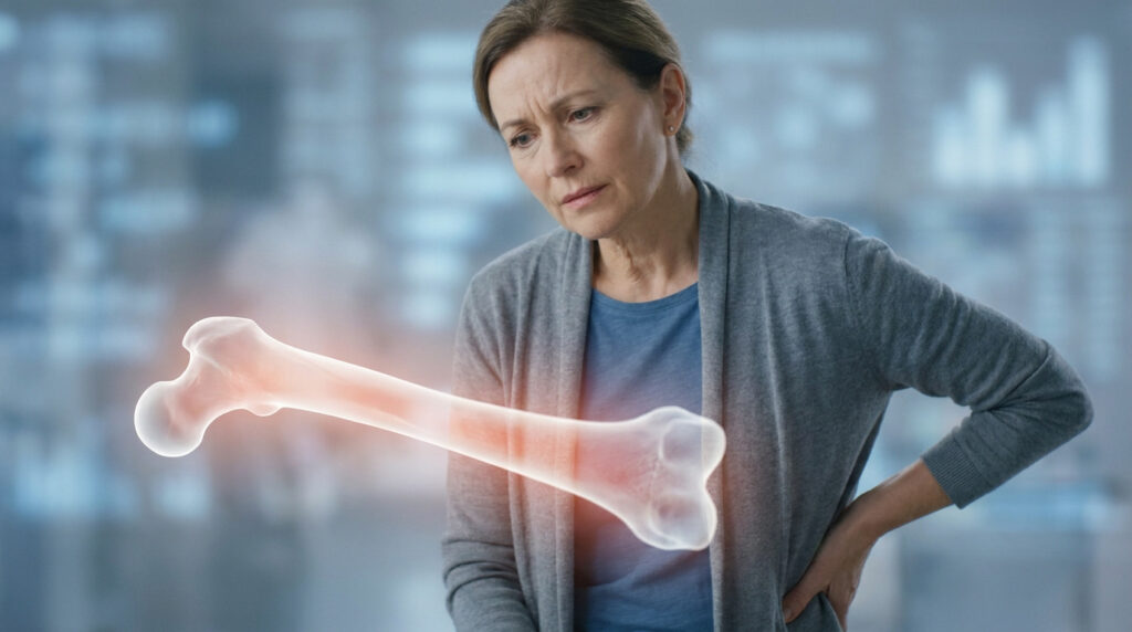 Une femme inquiète regarde un modèle 3D d'un os du fémur brillant en rouge, symbolisant une douleur ou un problème osseux.