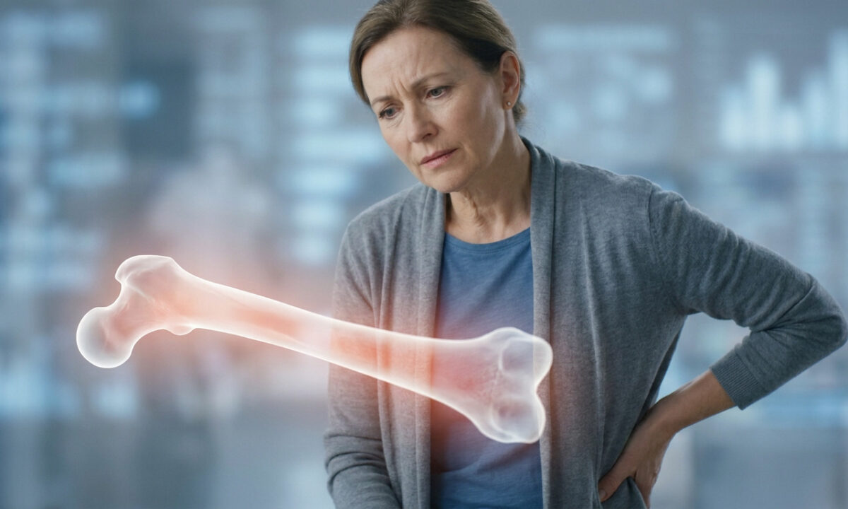 Une femme inquiète regarde un modèle 3D d'un os du fémur brillant en rouge, symbolisant une douleur ou un problème osseux.