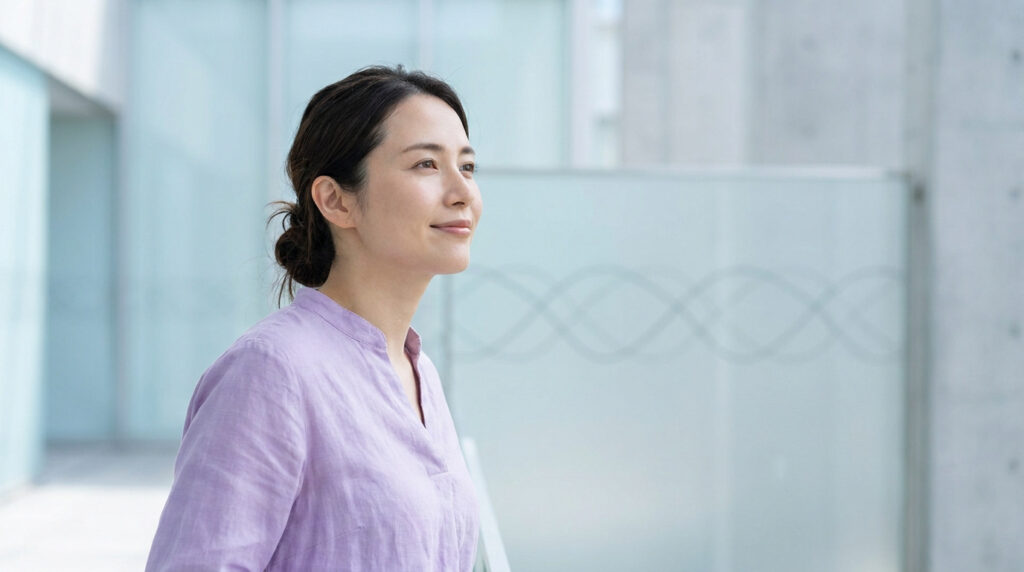 Portrait de profil d'une femme japonaise souriante portant un chemisier parme dans un environnement moderne et lumineux.