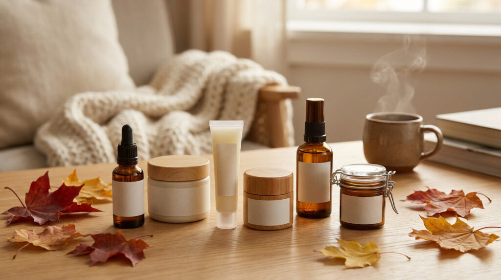 Produits de soin naturels et bougie sur une table en bois entourés de feuilles d'automne et d'une tasse fumante.