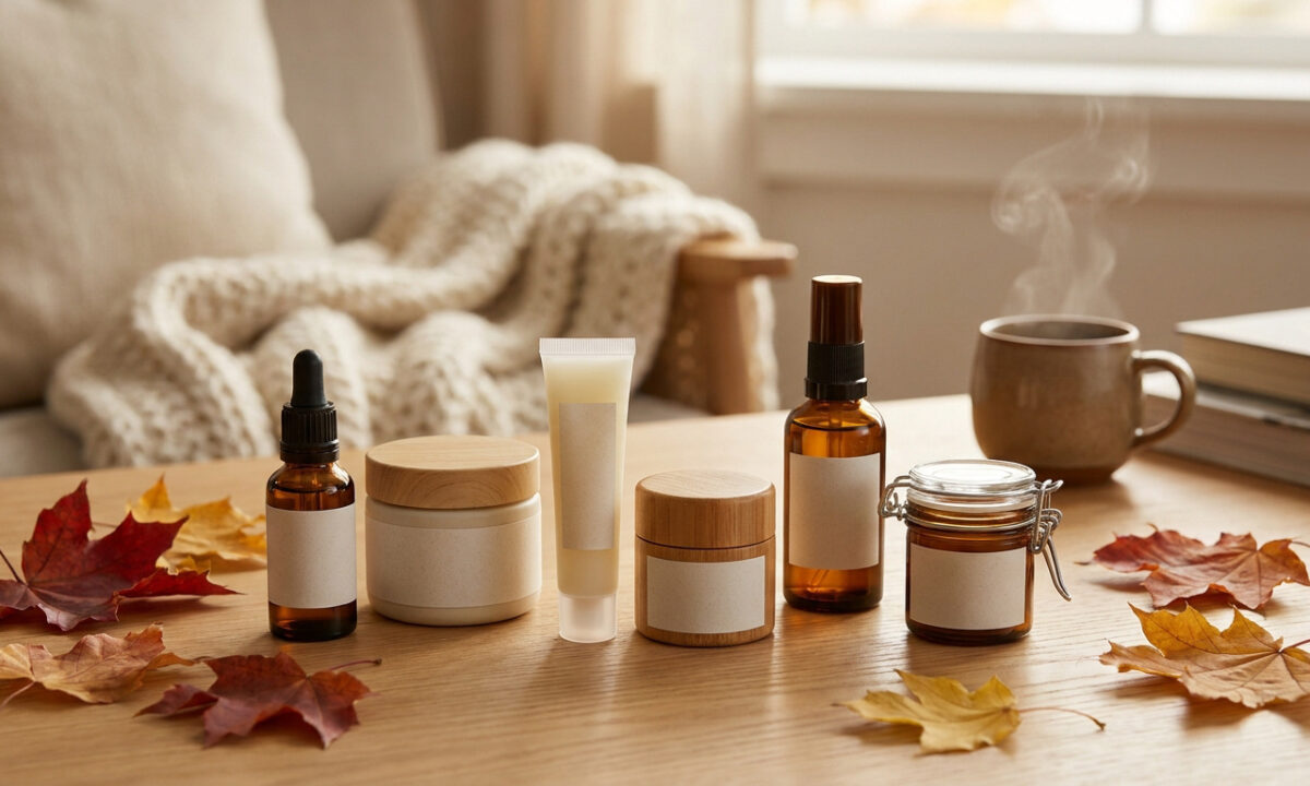 Produits de soin naturels et bougie sur une table en bois entourés de feuilles d'automne et d'une tasse fumante.