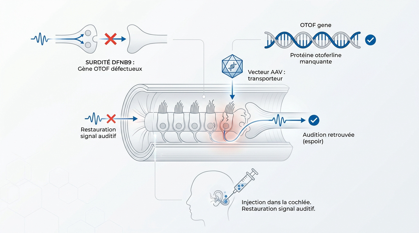 Illustration de la thérapie génique Otarmeni ciblant les cellules ciliées de la cochlée pour traiter la surdité DFNB9