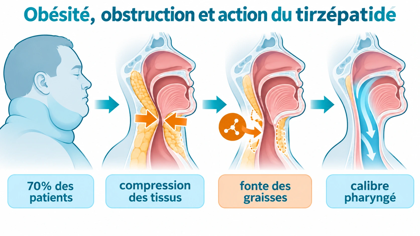 Schéma technique en couches de la compression pharyngée par les tissus adipeux et des effets du tirzépatide sur le volume lingual, la pression abdominale et le calibre des voies aériennes