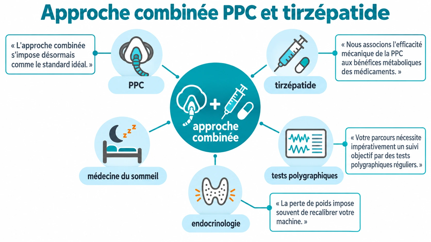 Diagramme en étoile du parcours de soin avec le traitement combiné au centre, relié à la PPC, au tirzépatide, à l'endocrinologie, à la médecine du sommeil et aux tests polygraphiques