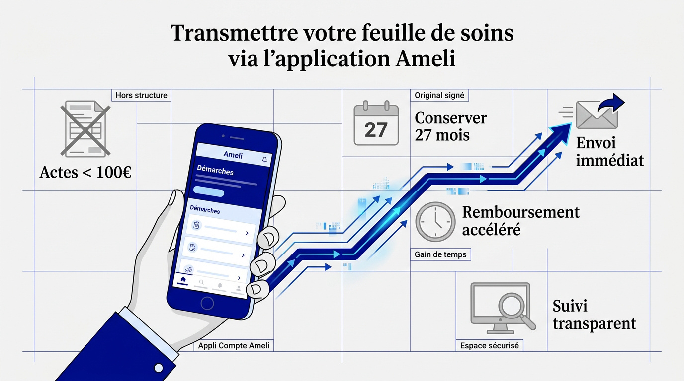 Interface de l'application Ameli pour la transmission numérique des feuilles de soins
