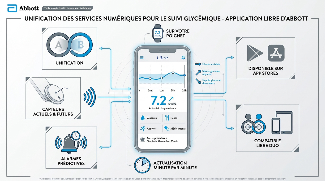 Interface de l'application Libre Abbott affichant le suivi glycémique sur smartphone