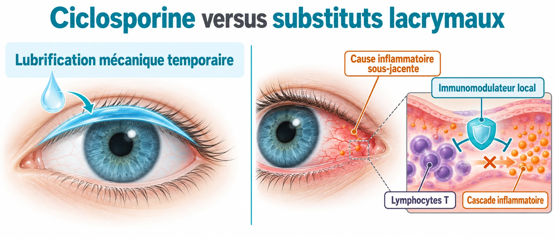 Schéma comparatif de l'action temporaire des substituts lacrymaux face à l'action immunomodulatrice de la ciclosporine sur les lymphocytes T et l'inflammation.