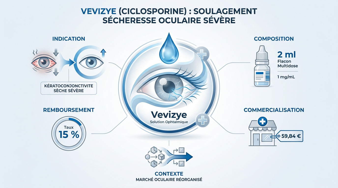 Flacon de collyre Vevizye pour le traitement de la sécheresse oculaire sévère