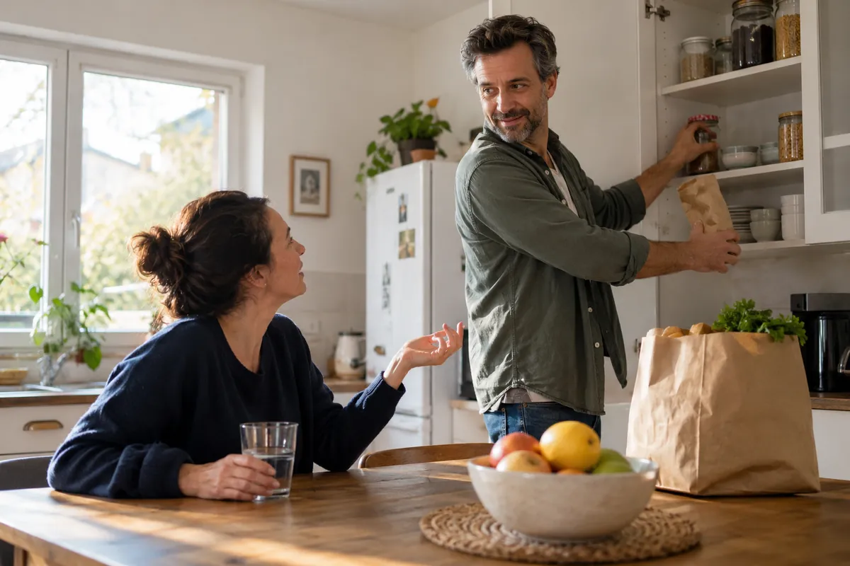 Une personne range des courses dans une cuisine tandis qu’un proche est assis à la table.