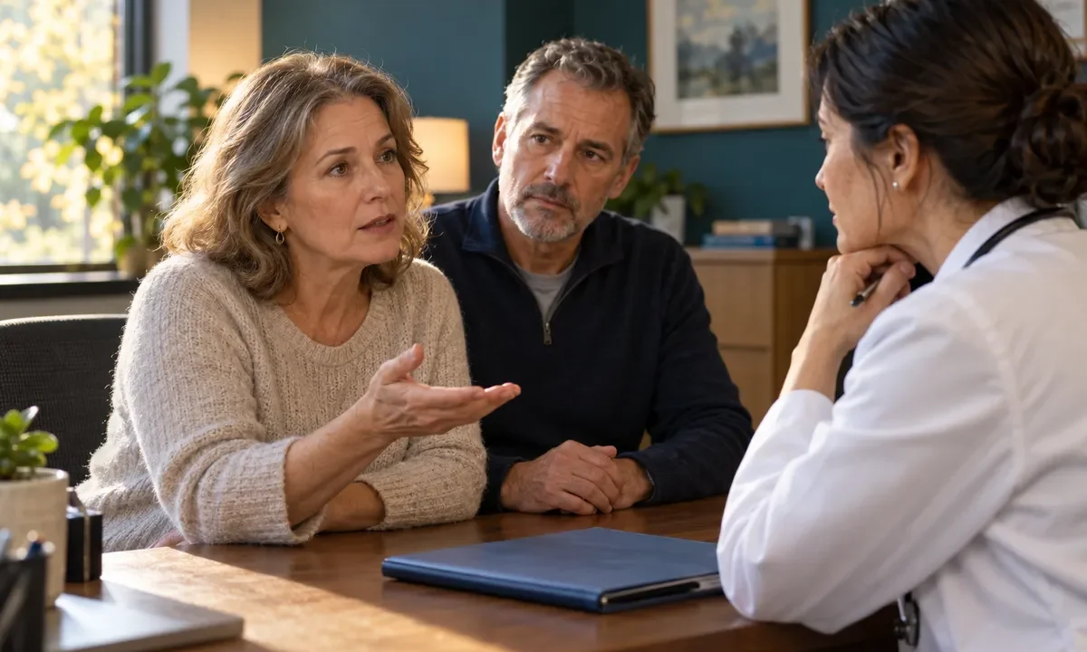 Consultation entre une personne adulte, son proche et un médecin.