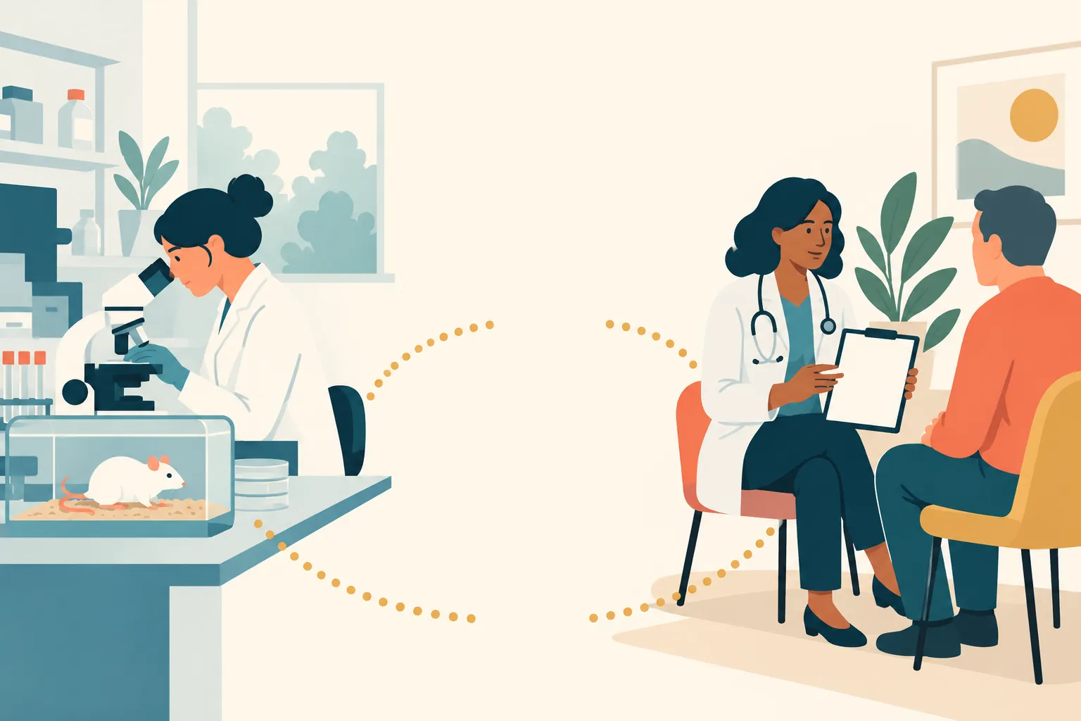 Illustration du passage entre recherche au laboratoire et échange avec un participant à un essai clinique.