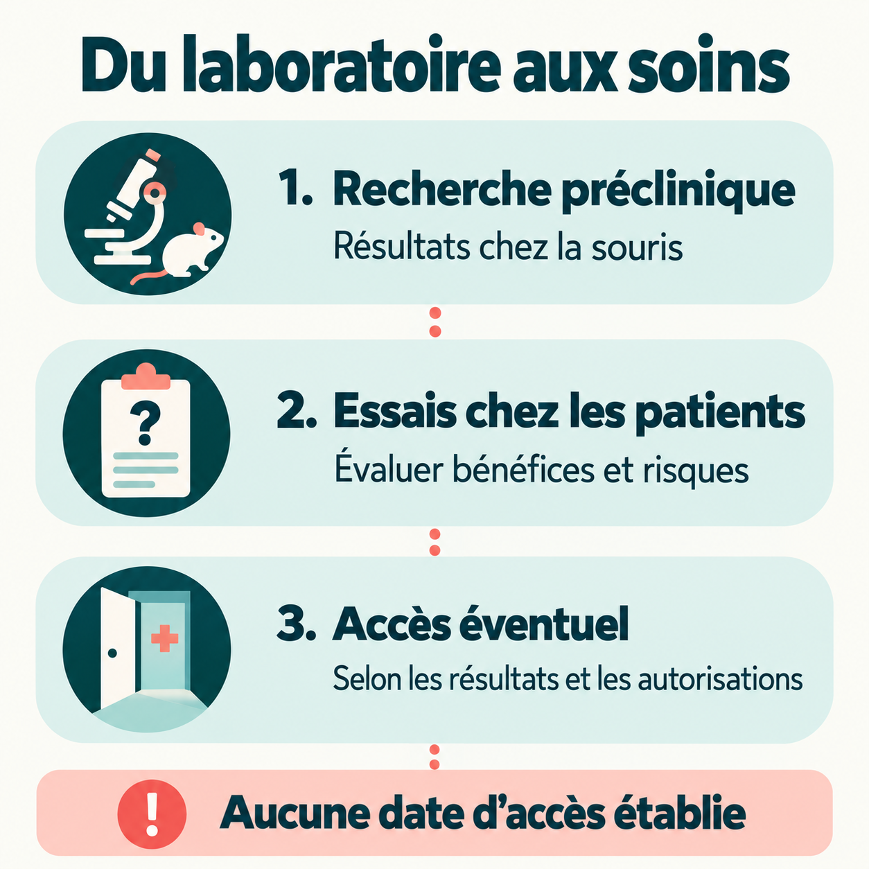 Trois étapes distinctes : recherche préclinique chez la souris, essais chez les patients, puis accès éventuel selon les résultats et les autorisations, sans date d’accès établie.