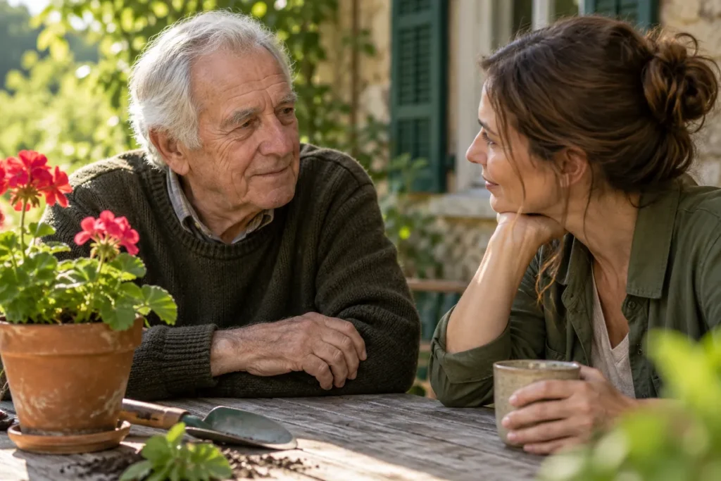 Un homme âgé et une femme adulte échangent à une table, près d’un petit pot de fleurs.