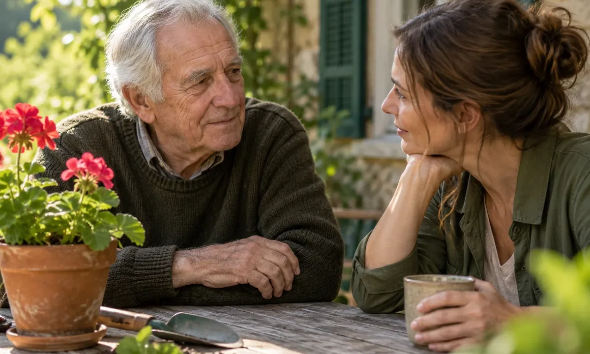Un homme âgé et une femme adulte échangent à une table, près d’un petit pot de fleurs.