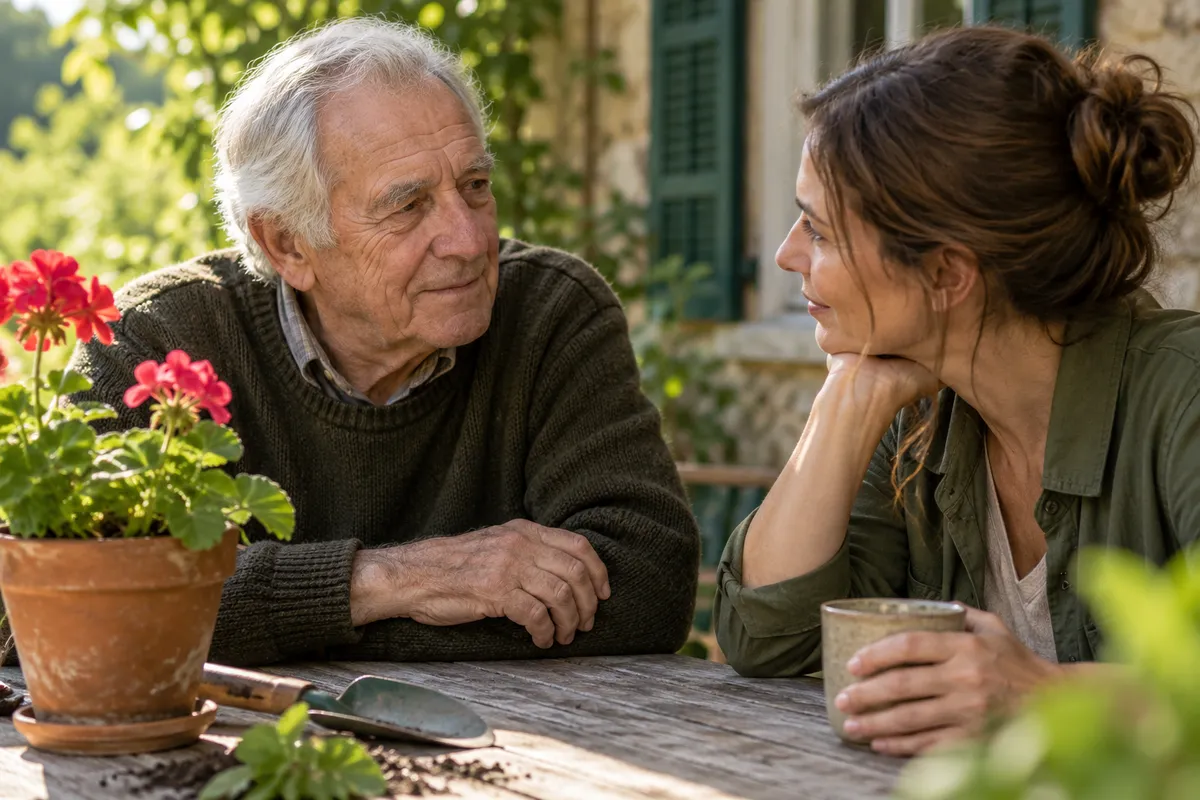 Un homme âgé et une femme adulte échangent à une table, près d’un petit pot de fleurs.