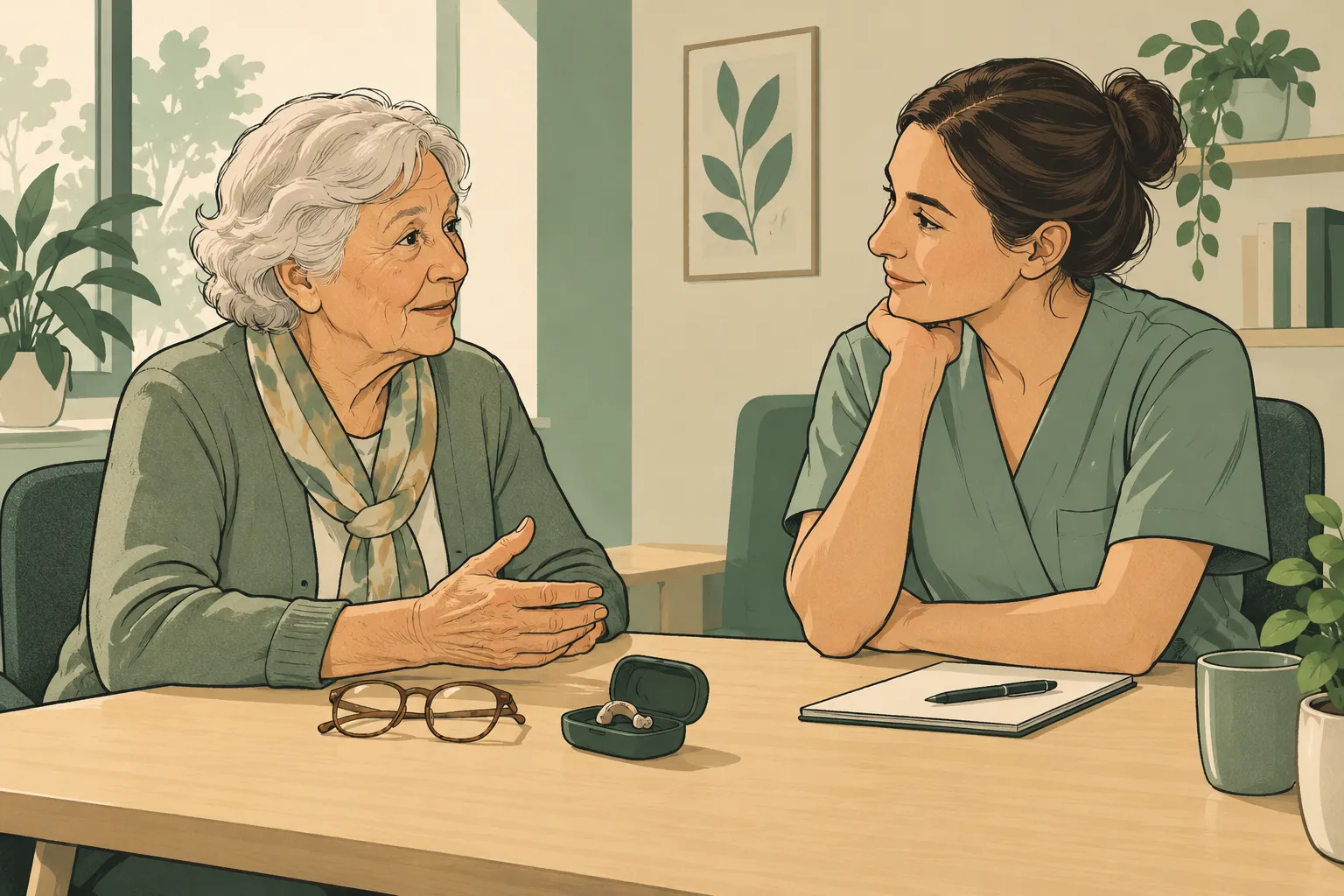 Dessin d’une personne âgée et d’une professionnelle de santé en conversation, avec des lunettes et un appareil auditif à proximité.
