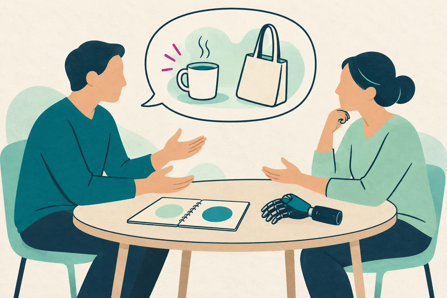 Deux personnages schématiques échangent autour d’une table, avec un verre et un sac évoquant les gestes du quotidien.