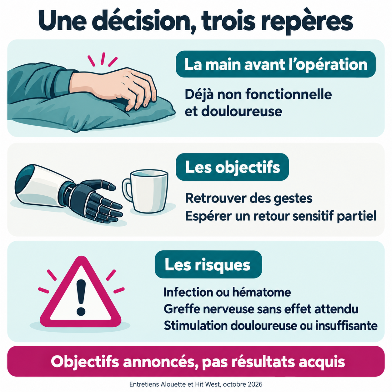 Trois repères pour distinguer la main déjà non fonctionnelle, les objectifs de l’appareillage et les risques de l’intervention.