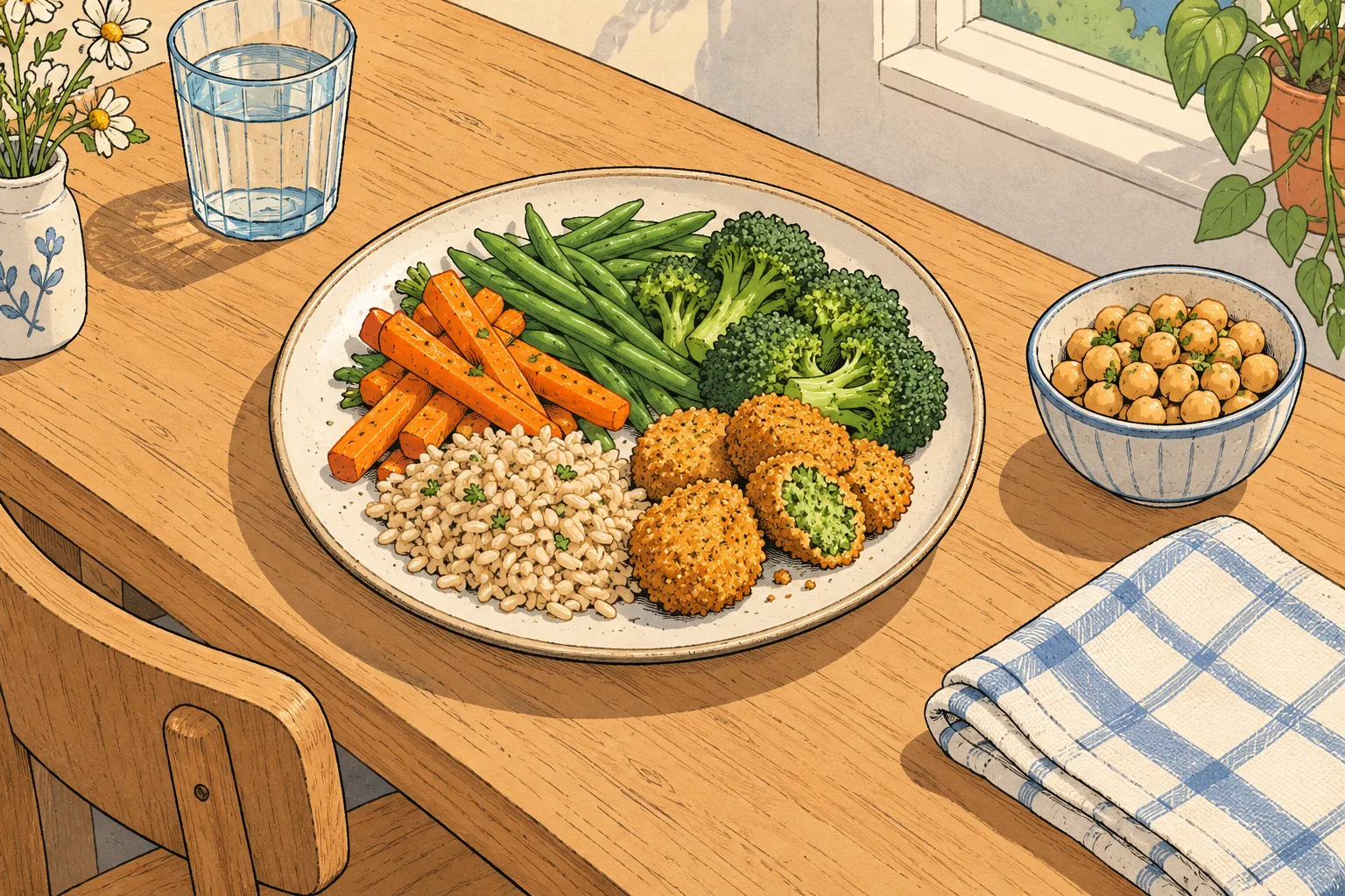 Dessin isométrique d’une assiette associant légumes, riz et bouchées panées génériques, avec un bol de pois chiches.