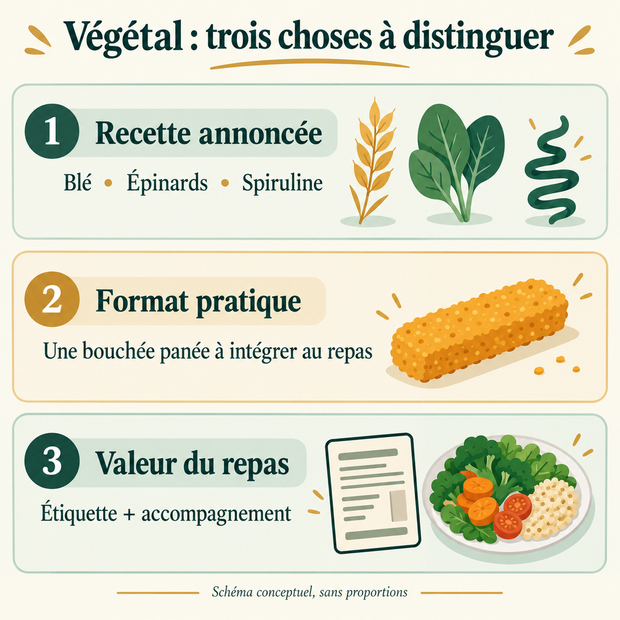 Schéma conceptuel distinguant recette annoncée, format pané pratique et valeur du repas liée à l’étiquette et à l’accompagnement.