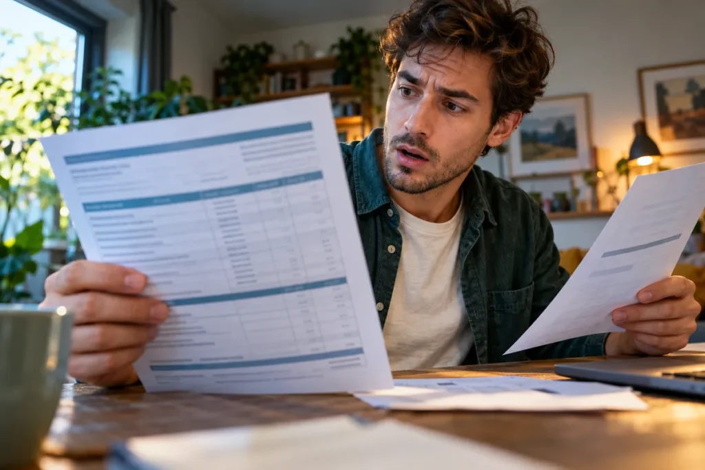 Lecture de documents de remboursement et d’une facture à une table.