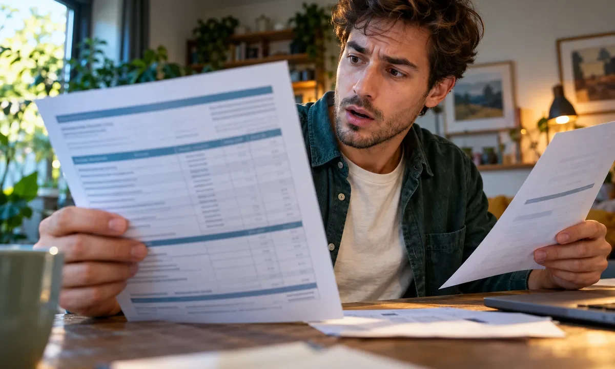 Lecture de documents de remboursement et d’une facture à une table.