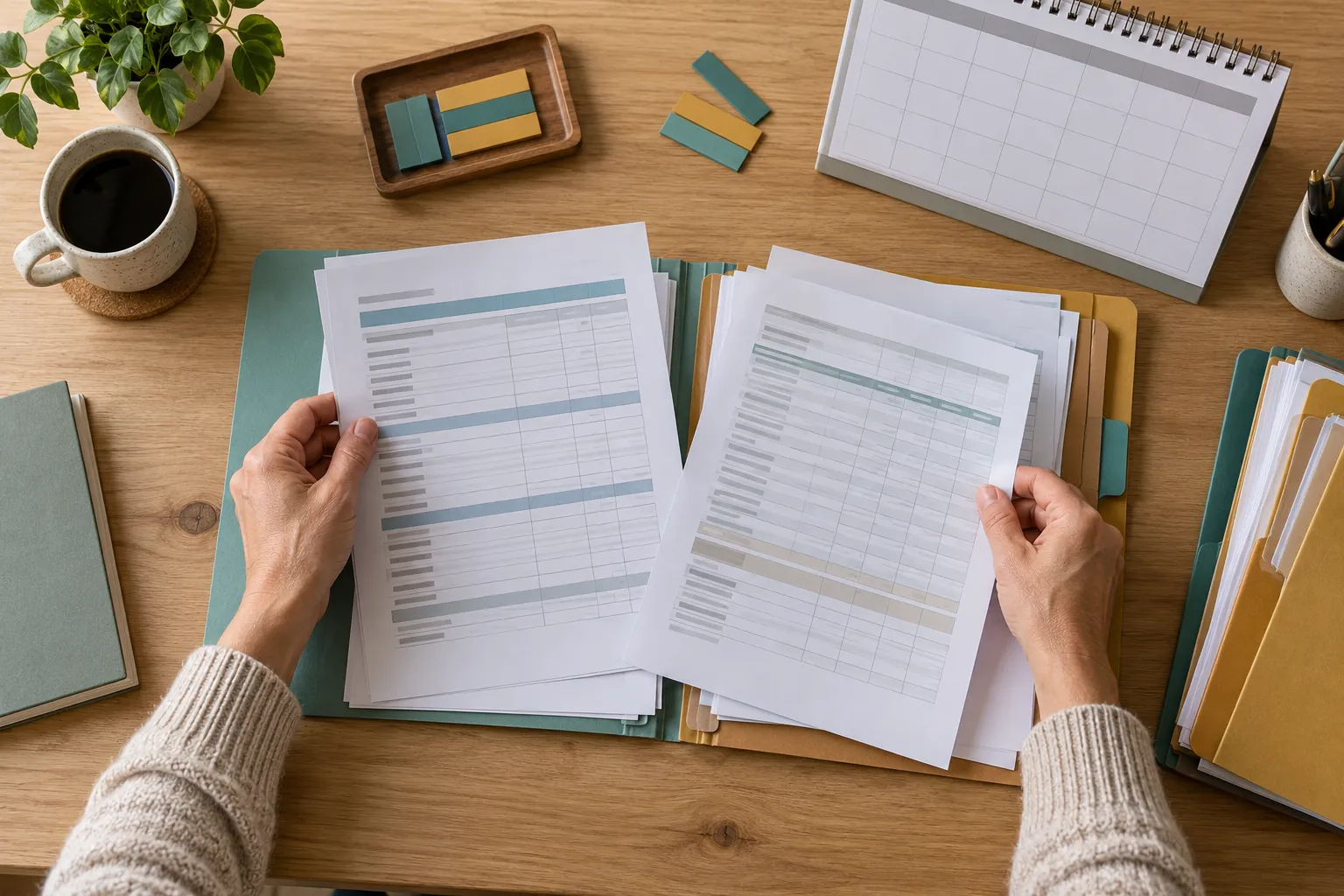 Tri de relevés sur un bureau, avec des chemises de classement et un calendrier.