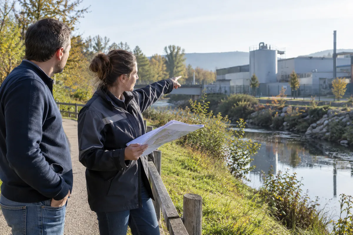 Une technicienne et un habitant discutent près d’une rivière, avec un bâtiment industriel générique en arrière-plan.