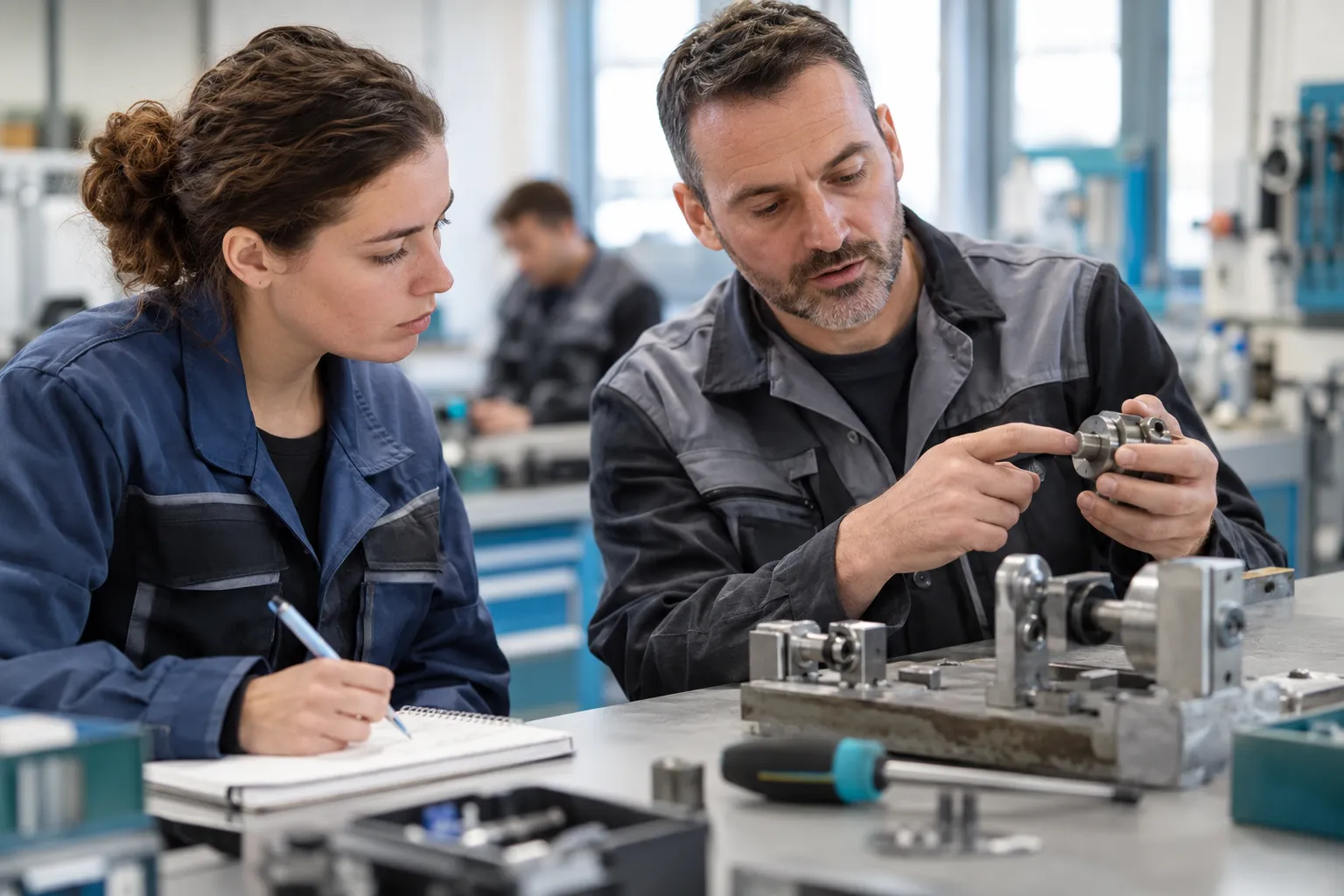 Une salariée et un formateur observent un dispositif mécanique sur un établi dans un atelier de formation.