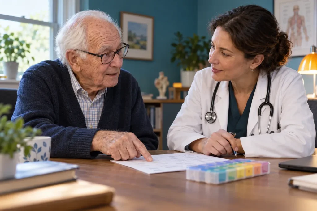 Un homme âgé et une médecin examinent une liste de traitements pendant un échange.