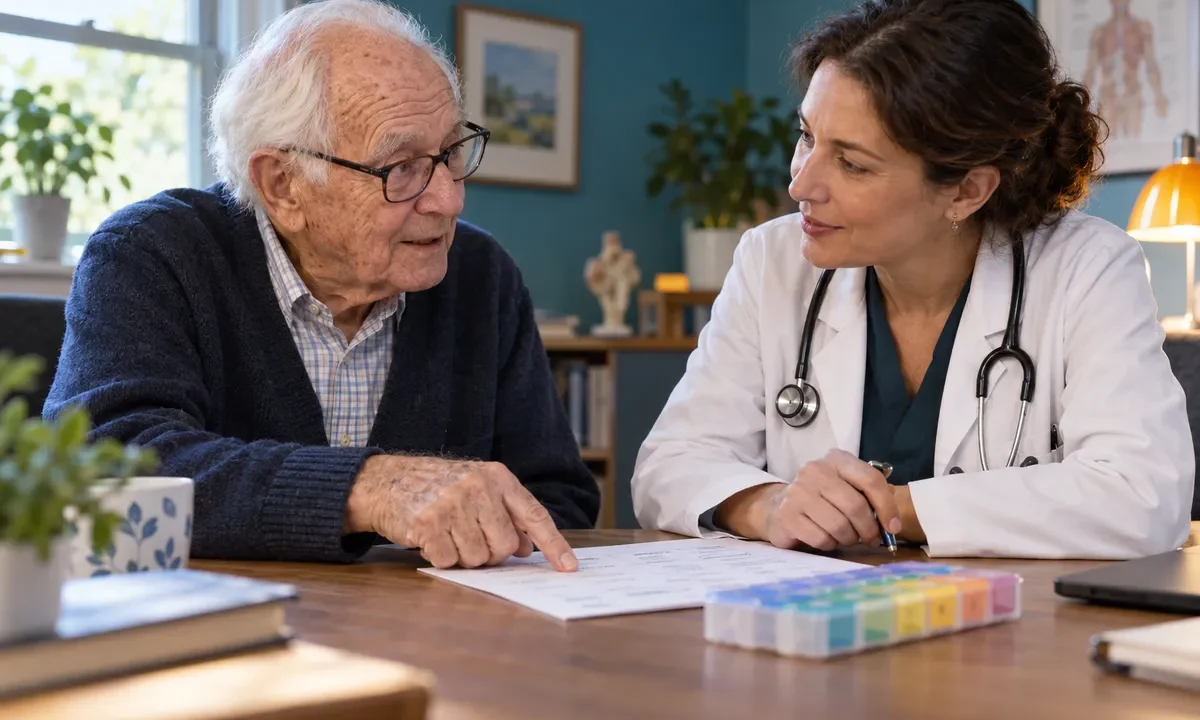 Un homme âgé et une médecin examinent une liste de traitements pendant un échange.