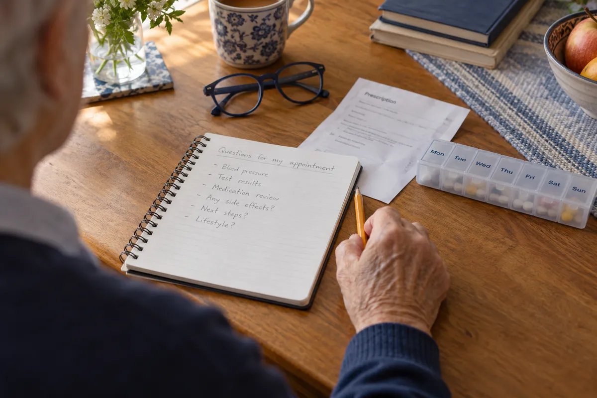 Ordonnance et carnet de questions préparés pour un échange avec le médecin sur les traitements.