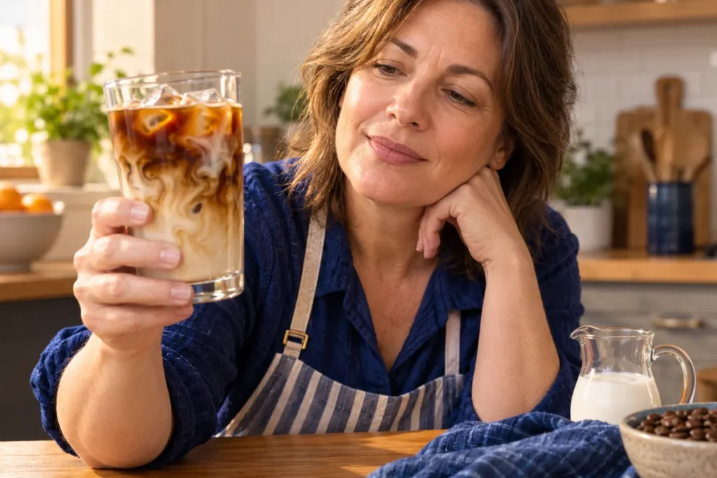 Adulte présentant un verre de café glacé au lait dans une cuisine.