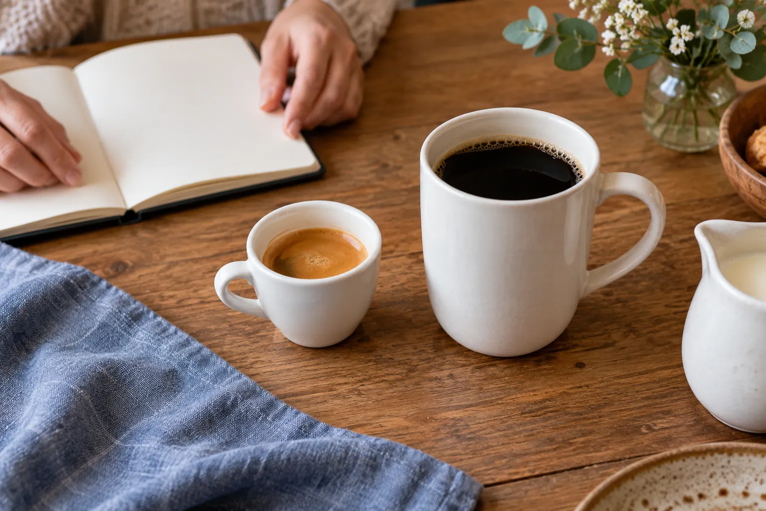 Petite tasse et grand mug de café sur une table, avec un pot de lait à proximité.