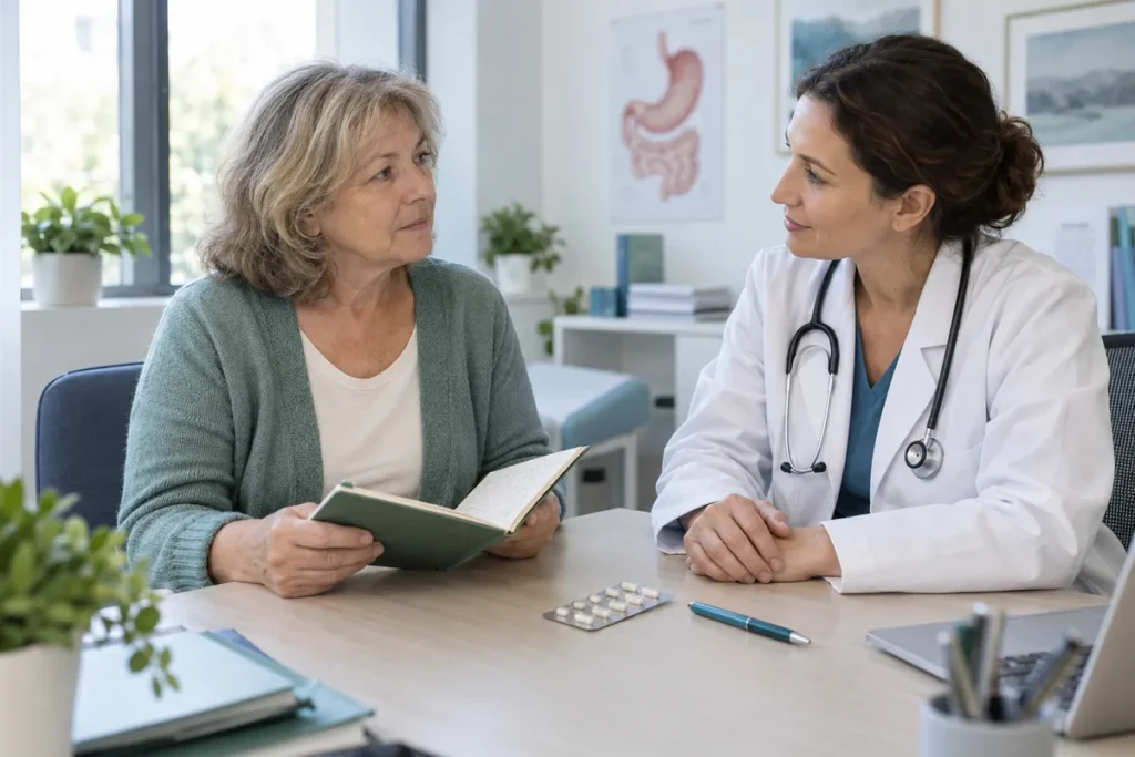 Une patiente et une médecin échangent autour d’un carnet ouvert et d’une plaquette de médicaments en consultation.