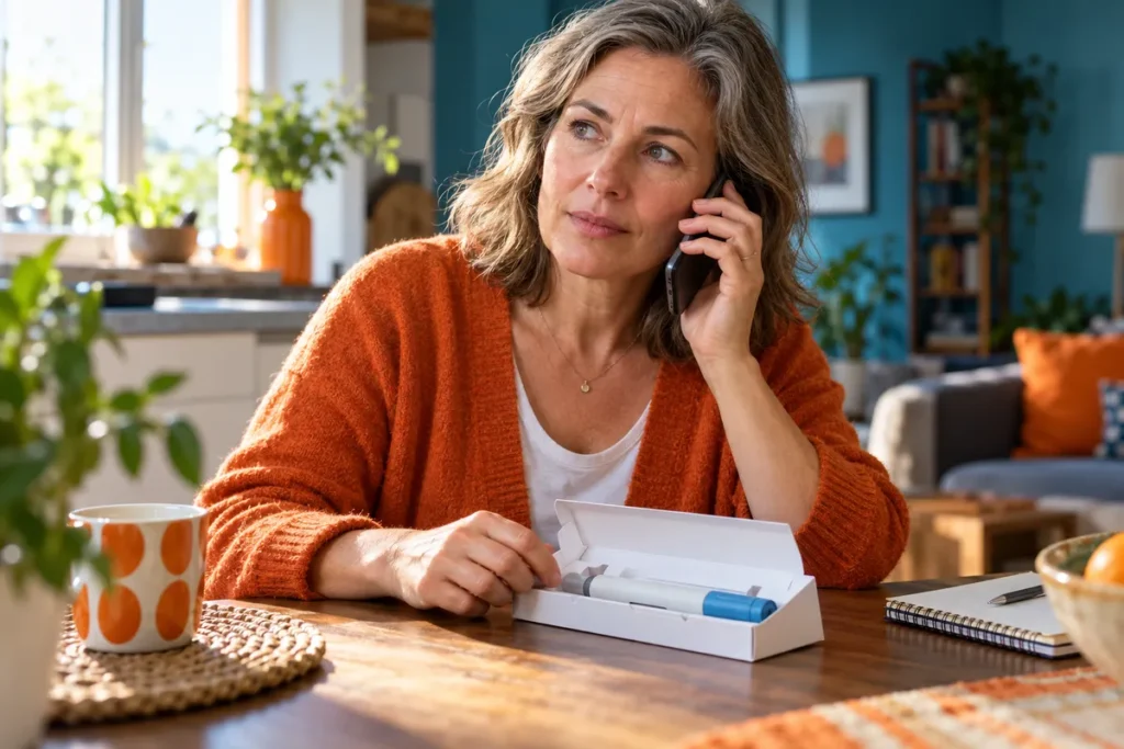 Femme au téléphone devant un colis et un stylo injectable non utilisé.