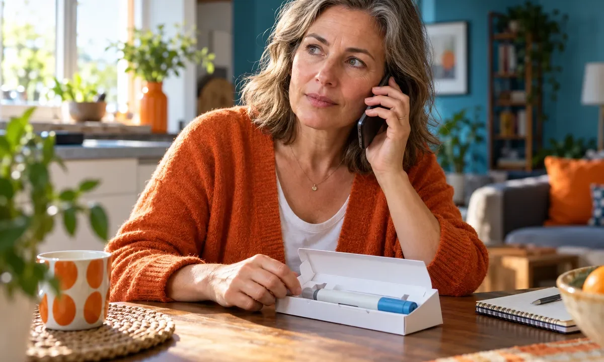 Femme au téléphone devant un colis et un stylo injectable non utilisé.