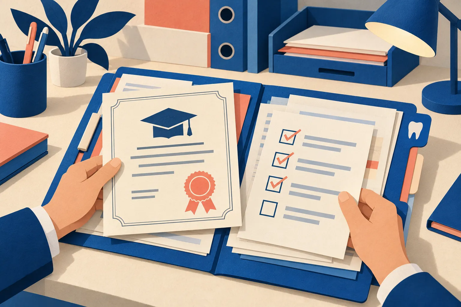 Illustration d’un dossier de diplôme et de documents administratifs associés à la profession dentaire.