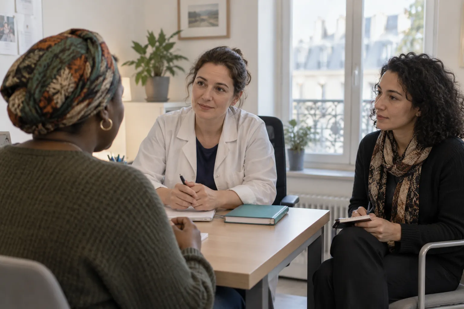 Trois personnes assises échangent dans une salle de consultation.