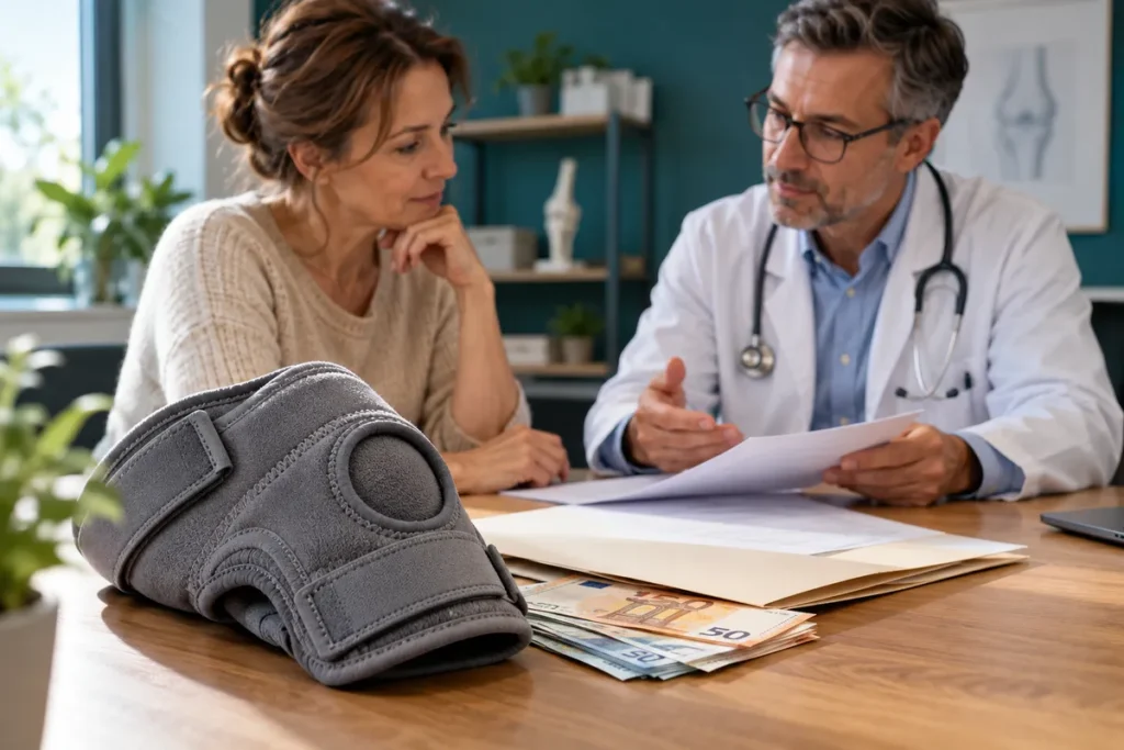 Une genouillère souple et un dossier sur un bureau de consultation, avec une patiente et un médecin en discussion.